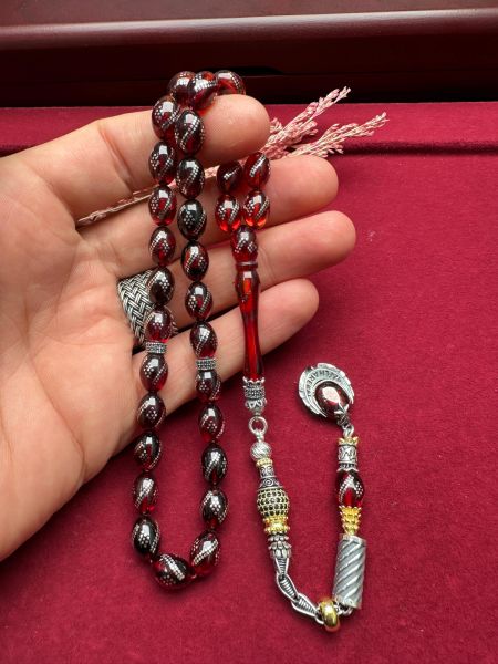 Beyzi Model Gümüş İşlemeli Ateş Kehribar Tesbih