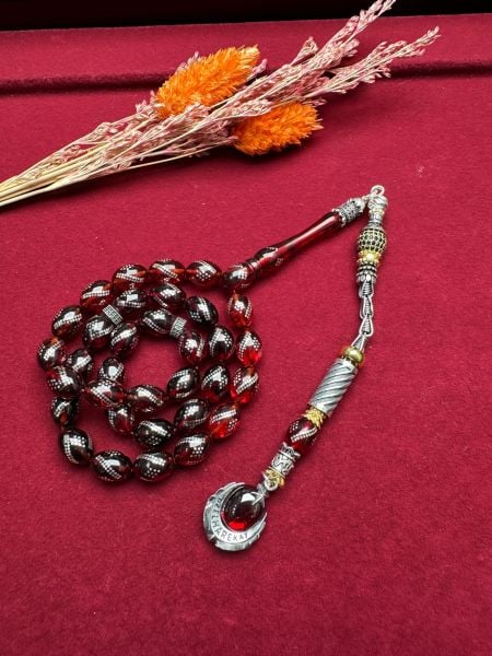 Beyzi Model Gümüş İşlemeli Ateş Kehribar Tesbih