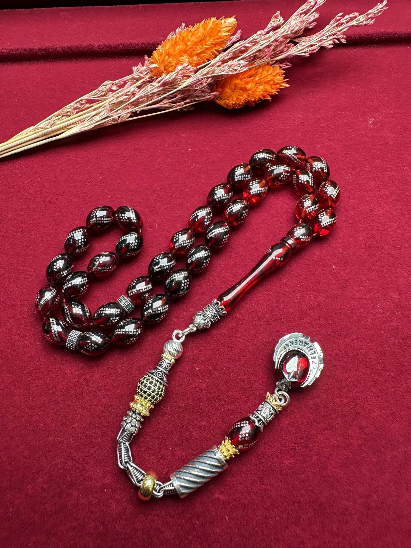 Beyzi Model Gümüş İşlemeli Ateş Kehribar Tesbih