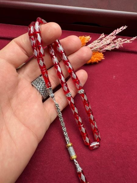 Kesme Model Gümüş İşlemeli Ateş Kehribar Tesbih