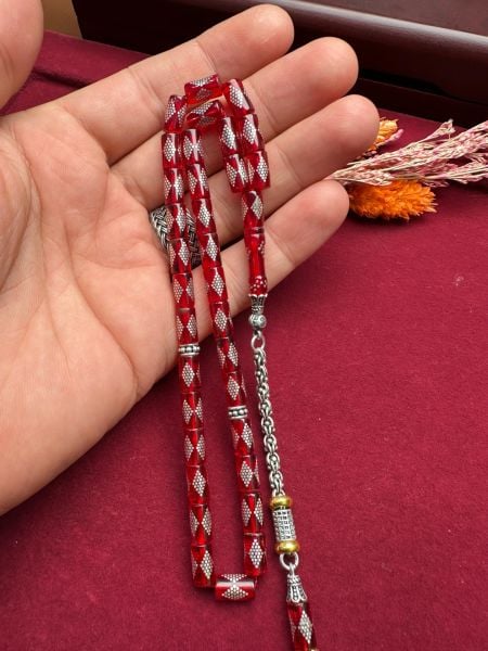 Kesme Model Gümüş İşlemeli Ateş Kehribar Tesbih