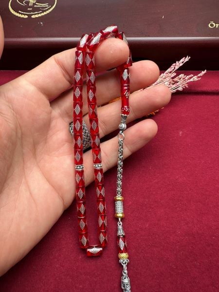 Kesme Model Gümüş İşlemeli Ateş Kehribar Tesbih