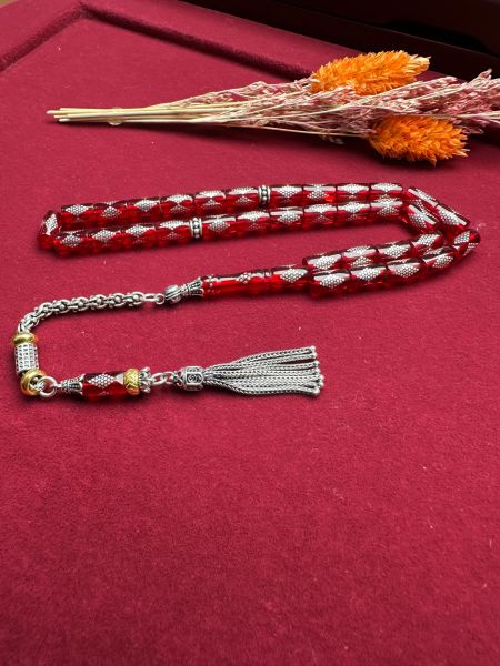 Kesme Model Gümüş İşlemeli Ateş Kehribar Tesbih