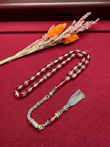 Kesme Model Gümüş İşlemeli Ateş Kehribar Tesbih