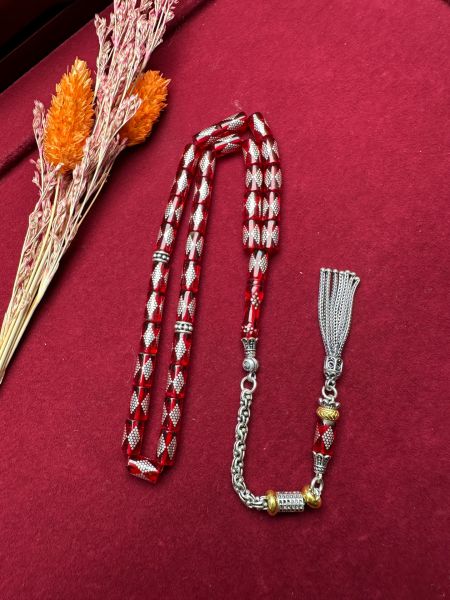 Kesme Model Gümüş İşlemeli Ateş Kehribar Tesbih