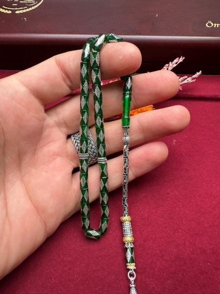 Kesme Model Gümüş İşlemeli Ateş Kehribar Tesbih