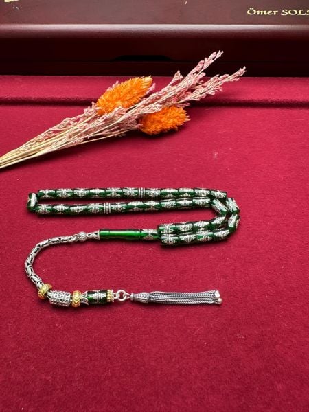 Kesme Model Gümüş İşlemeli Ateş Kehribar Tesbih