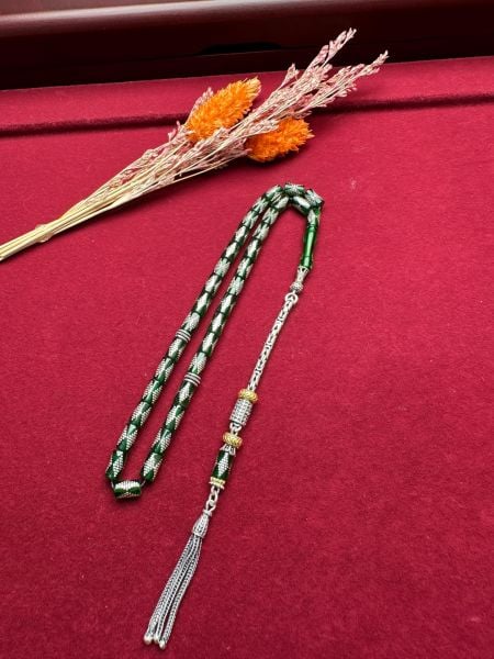 Kesme Model Gümüş İşlemeli Ateş Kehribar Tesbih