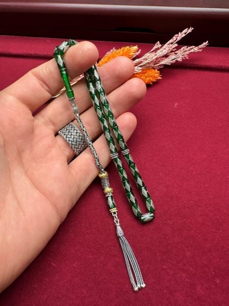 Kesme Model Gümüş İşlemeli Ateş Kehribar Tesbih