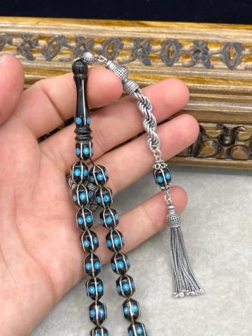 Uçlu Kapsül Model 925 Ayar Gümüş ve Firuze İşlemeli Erzurum Oltu Tesbih