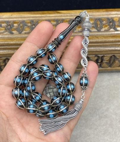 Uçlu Kapsül Model 925 Ayar Gümüş ve Firuze İşlemeli Erzurum Oltu Tesbih