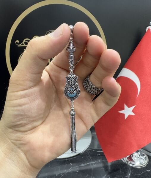 Turkuaz Renk Mineli  Lale Model Gümüş Püskül