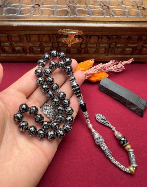 Küre Model Gümüş İşlemeli Erzurum Oltu Taşı Tesbih