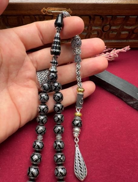Küre Model Gümüş İşlemeli Erzurum Oltu Taşı Tesbih