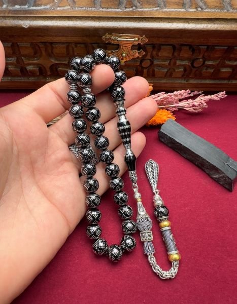 Küre Model Gümüş İşlemeli Erzurum Oltu Taşı Tesbih