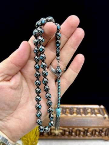 Beyzi Model 925 Ayar Gümüş ve Firuze İşlemeli Erzurum Oltu Tesbih