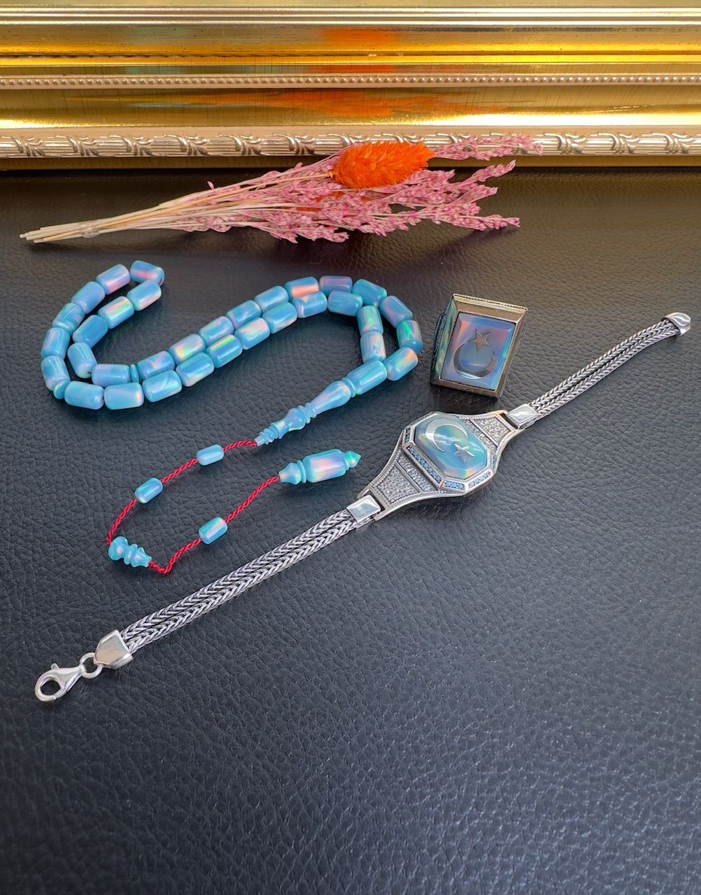 Kapsül Model Mavi Renk Sentetik Opal Tesbih ve Gümüş Set