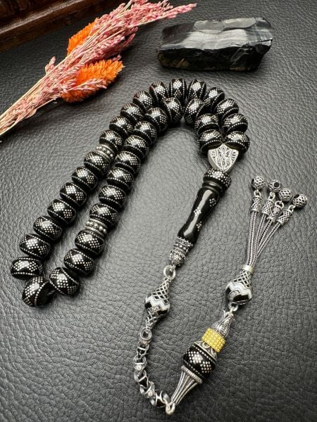 Teker Model Gümüş İşleme Gürcistan Taşı Tesbih