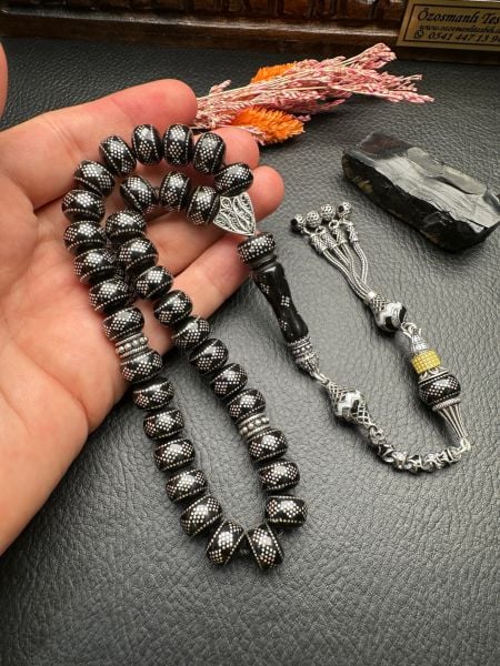 Teker Model Gümüş İşleme Gürcistan Taşı Tesbih