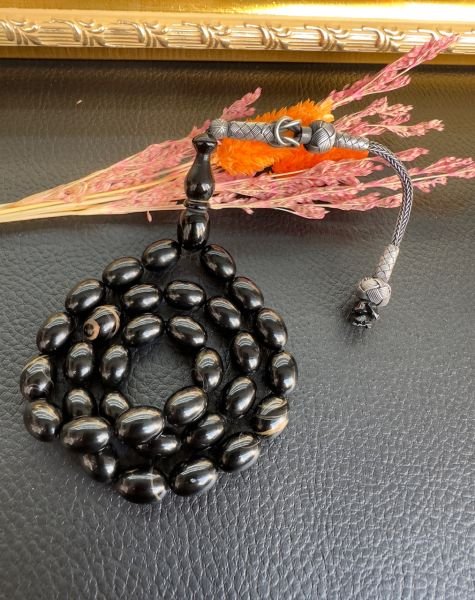 Badem Model Siyah Renk Sıkma Kehribar Tesbih