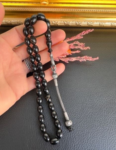 Badem Model Siyah Renk Sıkma Kehribar Tesbih