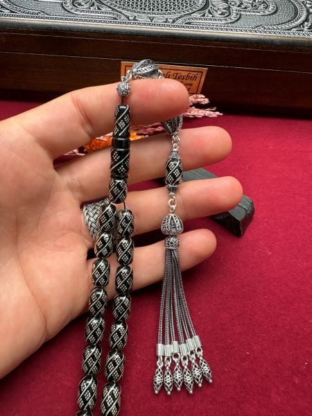 Kapsül Model Gümüş İşlemeli Erzurum Oltu Taşı Tesbih
