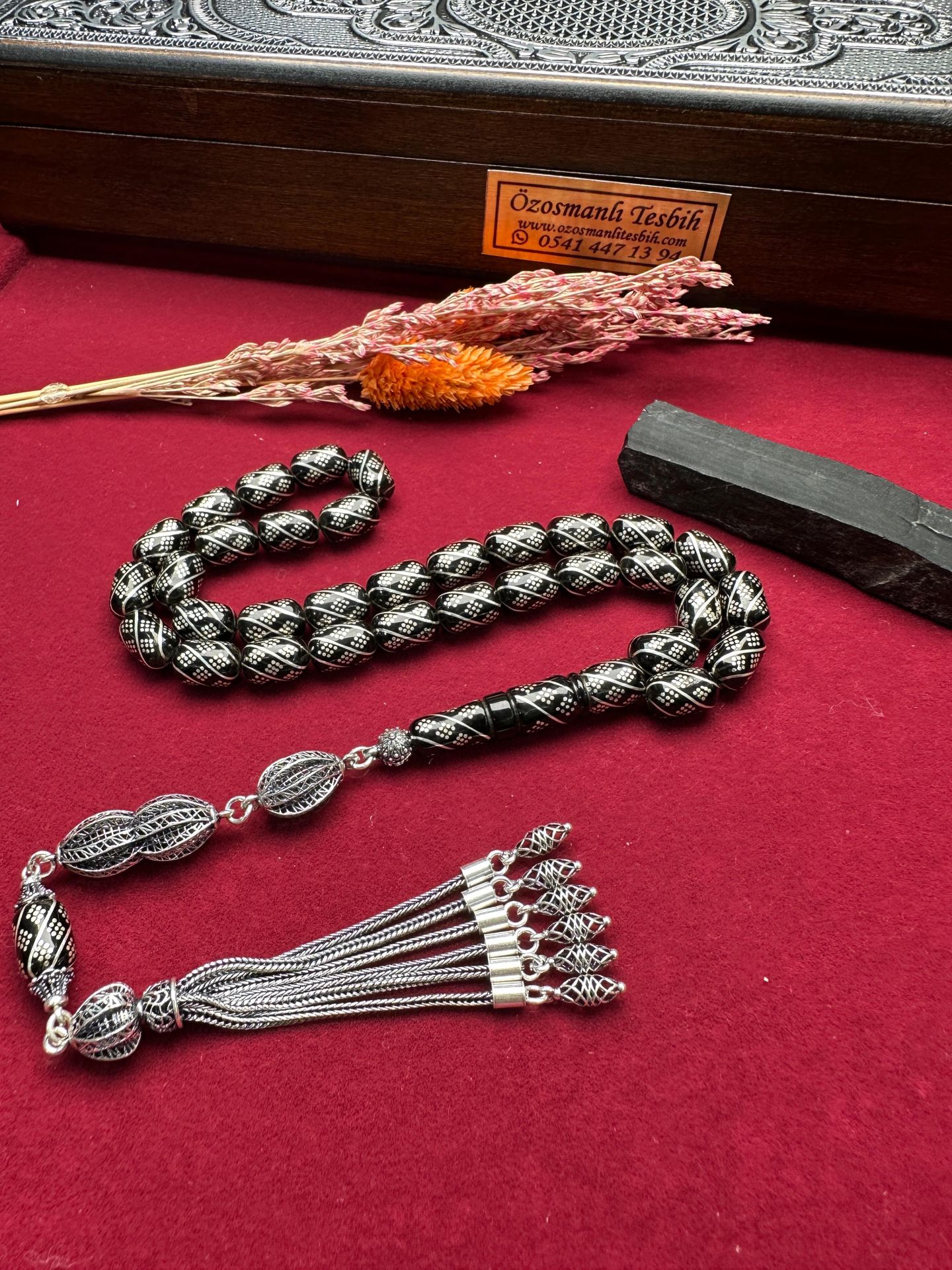 Kapsül Model Gümüş İşlemeli Erzurum Oltu Taşı Tesbih