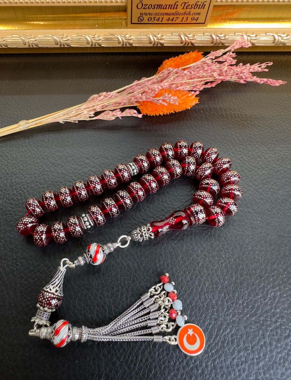 Gümüş İşlemeli Ateş Kehribar Tesbih