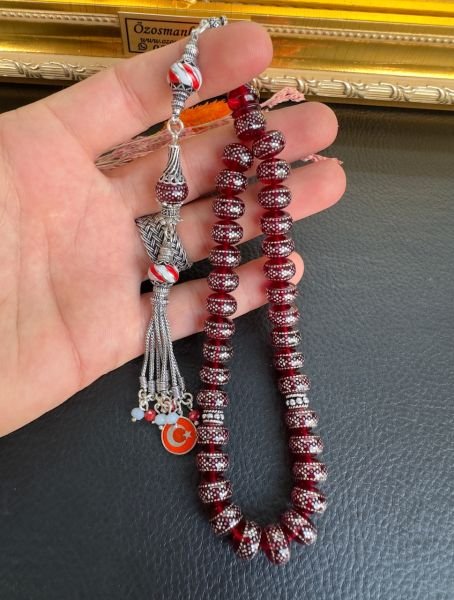 Gümüş İşlemeli Ateş Kehribar Tesbih