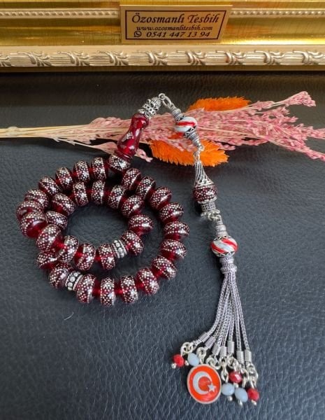 Gümüş İşlemeli Ateş Kehribar Tesbih