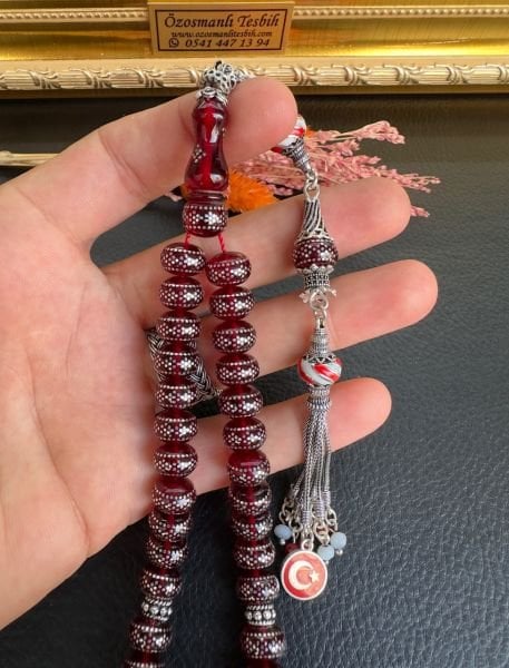 Gümüş İşlemeli Ateş Kehribar Tesbih