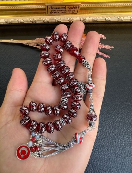 Gümüş İşlemeli Ateş Kehribar Tesbih