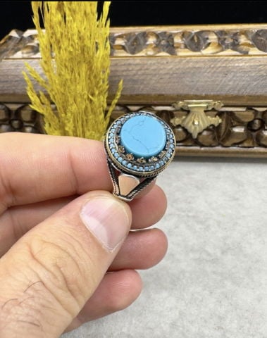 Firuze ve Swaroski Taşlı 925 Ayar Gümüş Erkek Yüzük