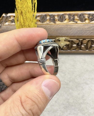 Firuze ve Swaroski Taşlı 925 Ayar Gümüş Erkek Yüzük