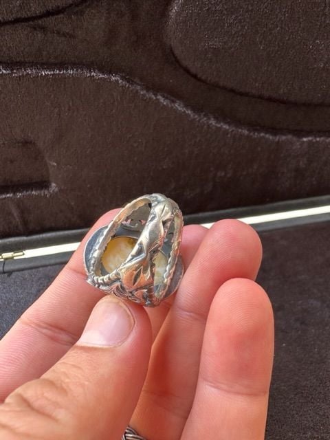 Kalem İşçilikli Osman Özpala Damla Kehribar 925 Ayar Gümüş Erkek Yüzük