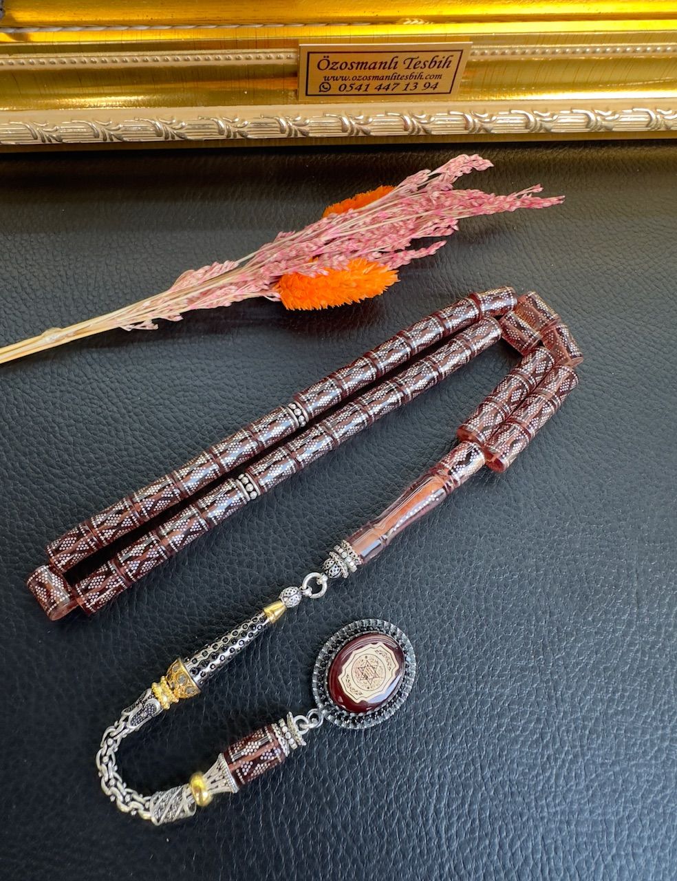 Kesme Model Gümüş İşlemeli Ateş Kehribar Tesbih