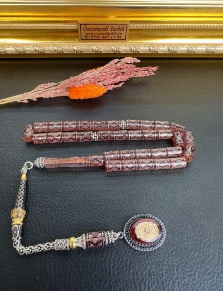 Kesme Model Gümüş İşlemeli Ateş Kehribar Tesbih