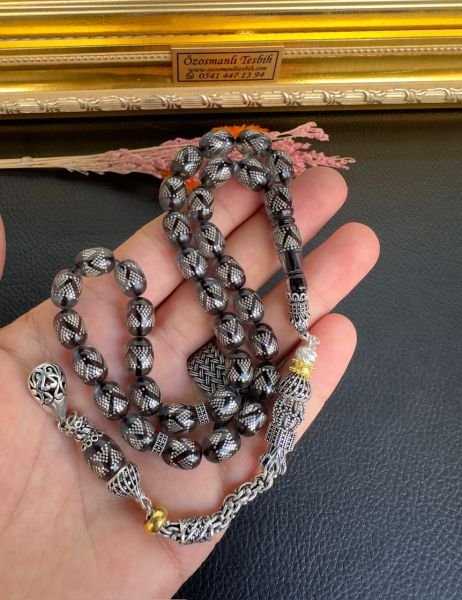 Kapsül Model Gümüş İşlemeli Ateş Kehribar Tesbih