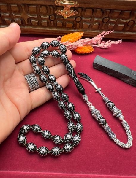 Beyzi Model Gümüş İşlemeli Erzurum Oltu Taşı Tesbih