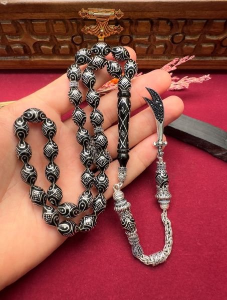 Beyzi Model Gümüş İşlemeli Erzurum Oltu Taşı Tesbih