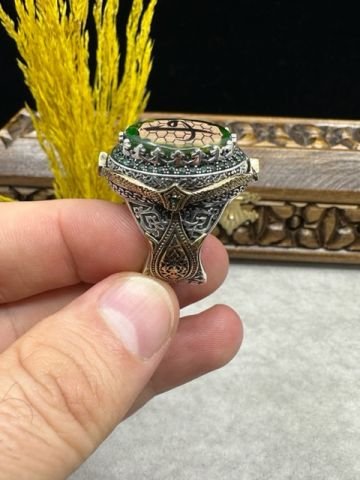 Kehribar Taşlı ElifVav Model 925 Ayar Gümüş Erkek Yüzük