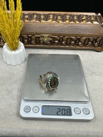 Kehribar Taşlı ElifVav Model 925 Ayar Gümüş Erkek Yüzük