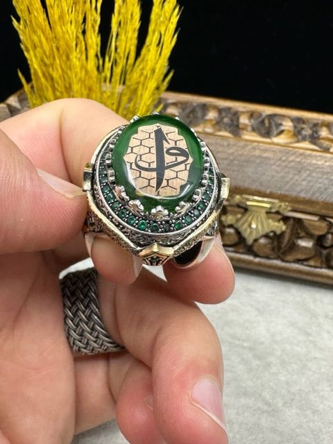 Kehribar Taşlı ElifVav Model 925 Ayar Gümüş Erkek Yüzük