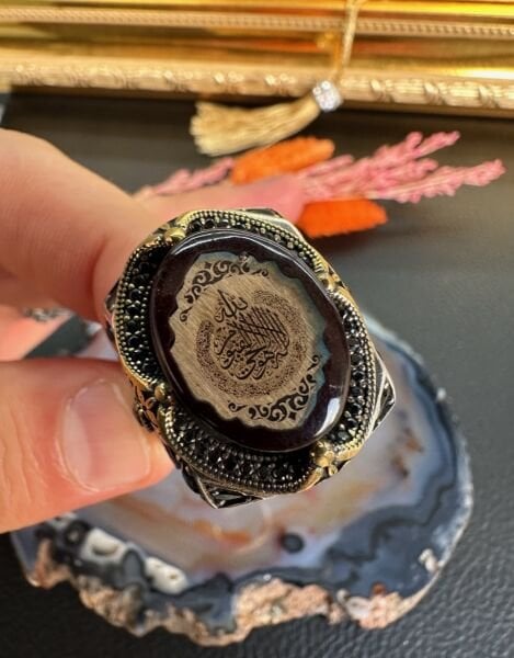 Özel Tasarım Kehribar Taşlı 925 Ayar Gümüş Erkek Yüzük