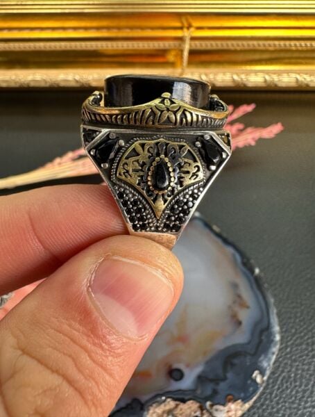 Özel Tasarım Kehribar Taşlı 925 Ayar Gümüş Erkek Yüzük