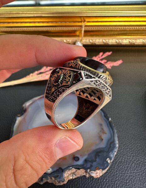 Özel Tasarım Kehribar Taşlı 925 Ayar Gümüş Erkek Yüzük