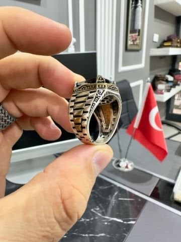 Rolex Model Kehribar Taşı Dizayn 925 Ayar Gümüş Erkek Yüzük