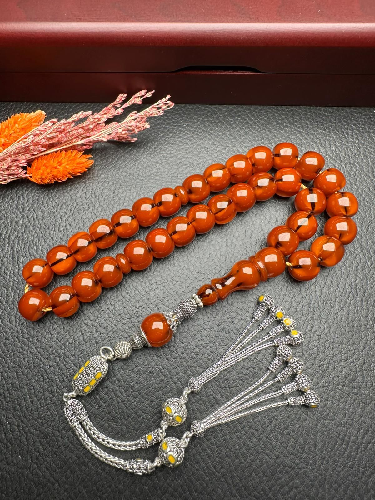 Basık Model Çubuk Sıkma Kehribar Tesbih