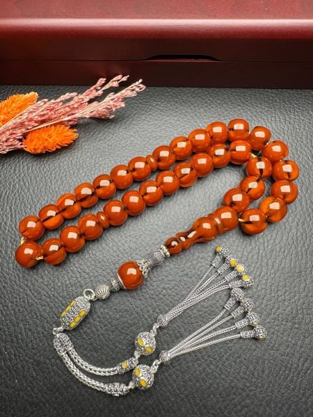 Basık Model Çubuk Sıkma Kehribar Tesbih