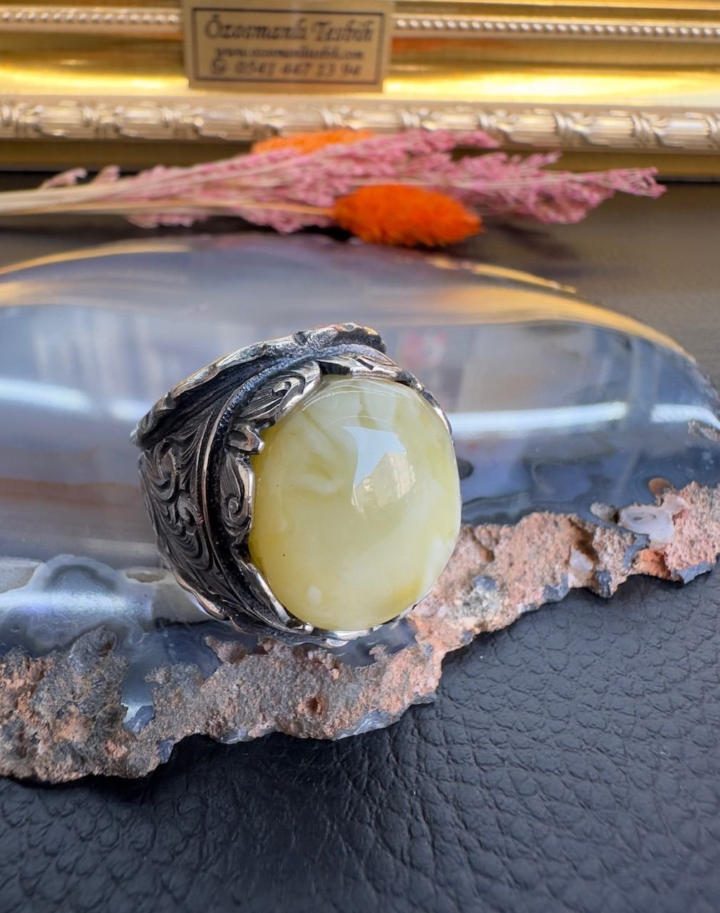 Damla Kehribar Gümüş Yüzük